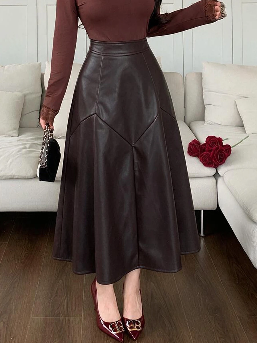 Feyla New French Design High Waist Elegant A-Line Slimming Daily Versatile Commute PU Skirt - Brown - View 1