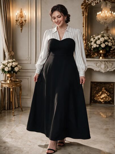Rometta Plus Size Women Striped Solid Color Patchwork 2 In 1 Dress, Elegant Long Sleeve Lapel Dress Maxi Women Outfit Fall Cloth For Women