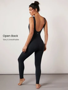 GLOWMODE 24" FeatherFit™ Tummy Control Open Back Gym Yoga Pilates Sports Jumpsuit Bodysuit Elegant For Woman - Black - View 5