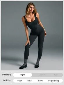 GLOWMODE 24" FeatherFit™ Tummy Control Open Back Gym Yoga Pilates Sports Jumpsuit Bodysuit Elegant For Woman - Black - View 8