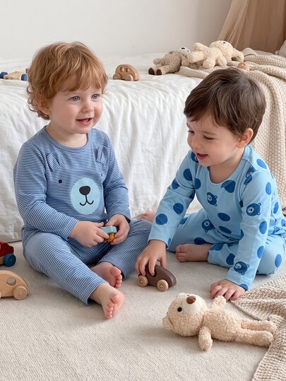 4pcs Baby Boy Comfortable Soft Grey Blue Striped Teddy Bear All-Over Print 3D Ear Decor Round Neck Long Sleeve Pants Pajama Set