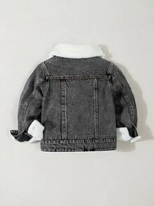 SHEIN 男童舒適休閒保暖內裡牛仔外套，百搭無彈力外衣，適合度假、秋冬穿著 - 黑色 - 查看 2