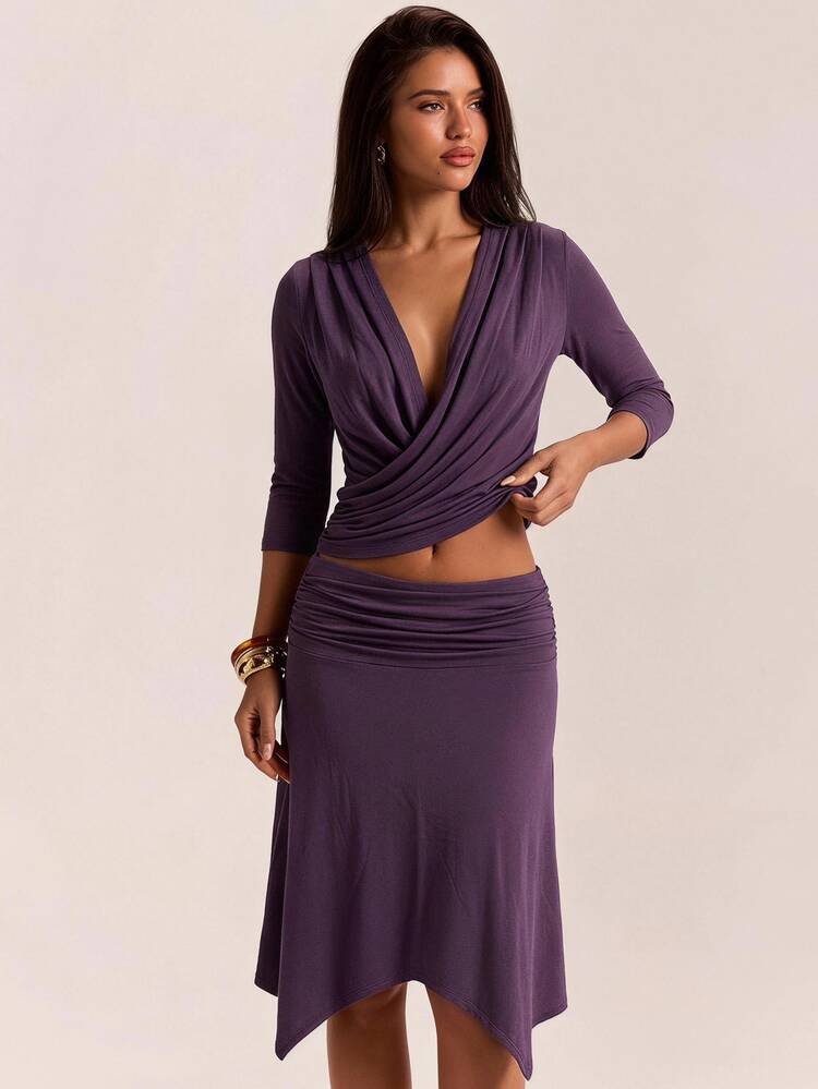 SHEIN BAE 女款深紫色深V領抓皺短袖上衣與不對稱垂墜中長裙側褶裙，度假風兩件套/優雅性感兩件套/ - 紫色 - 查看 4