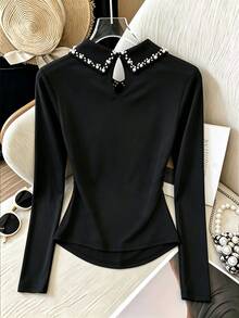 GlowEve CURVE Women's Fall/Winter Commute Elegant Black Lapel Pearl Collar Long-Sleeve Base Layer, Slim Stretch Inner Top, Chic Occasion Wear For Daily Commute Date - Black - View 2