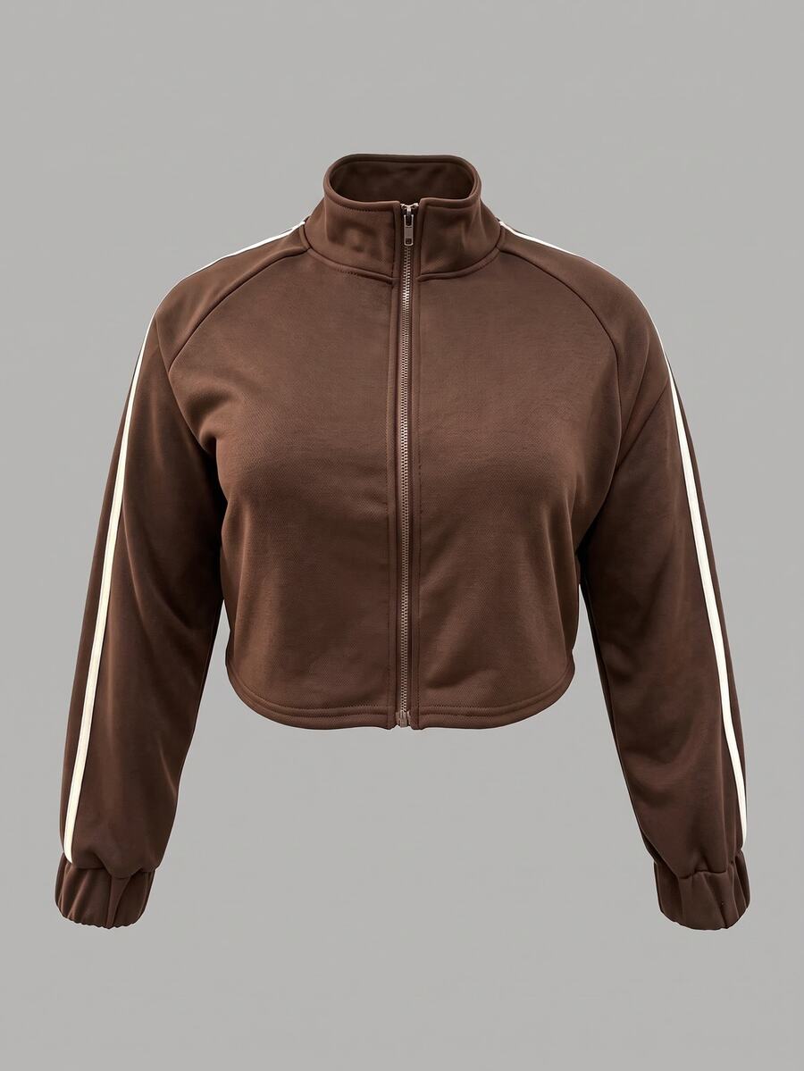 Sweetra CURVE Women's Plus Size Sporty Casual Cropped Sweatshirt - Coffee Brown - View 1