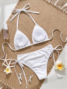 Swim Vcay 春夏陽光沙灘 2 件式泳衣套裝，純色亮片刺繡，編織細肩帶，掛脖設計，側綁帶三角比基尼泳褲，女款泳裝 - 米色 - 查看 3