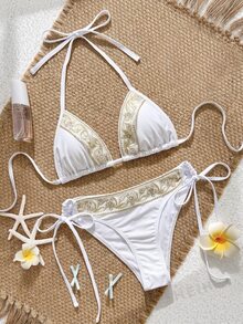 Swim Vcay 春夏陽光沙灘 2 件式泳衣套裝，純色亮片刺繡，編織細肩帶，掛脖設計，側綁帶三角比基尼泳褲，女款泳裝 - 米色 - 查看 2