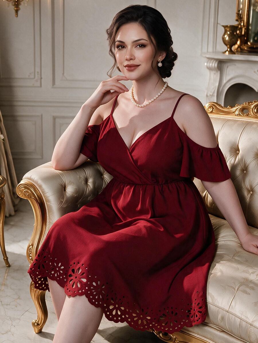 Rometta Pure Plus Size Women Fashionable Solid Color Hollow Out Strap Dress, For Christmas Burgundy Color Women Outfit - Burgundy - View 1