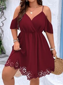 Rometta Pure Plus Size Women Fashionable Solid Color Hollow Out Strap Dress, For Christmas Burgundy Color Women Outfit - Burgundy - View 11