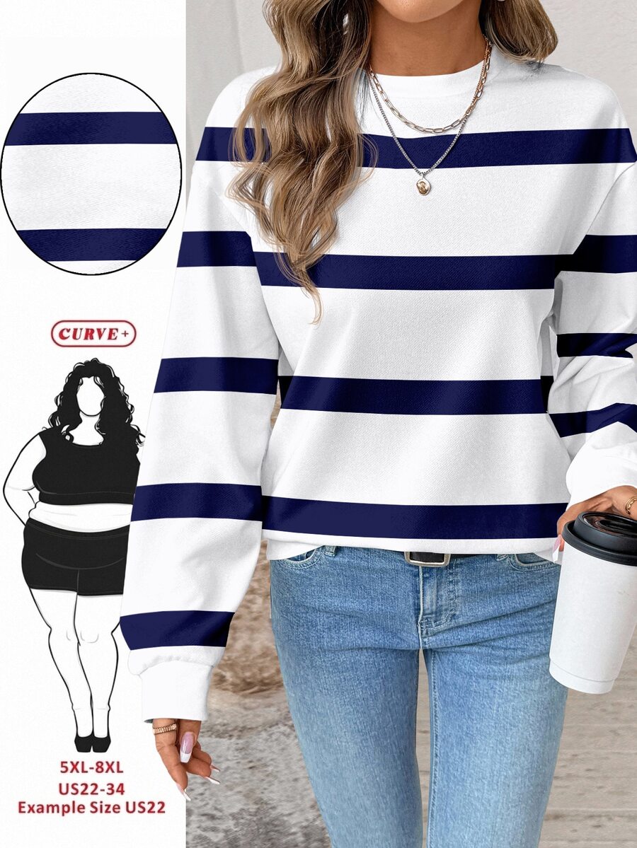 SHEIN CURVE+ Plus Size Women's Blue Striped Pattern Print Crew Neck Long Sleeve White Sweatshirt, Suitable For Autumn/Winter, White Sweatshirt Fall - Multicolor - View 1