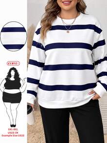 SHEIN CURVE+ Plus Size Women's Blue Striped Pattern Print Crew Neck Long Sleeve White Sweatshirt, Suitable For Autumn/Winter, White Sweatshirt Fall - Multicolor - View 7