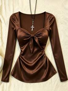 GlowEve CURVE Women's Fall Elegant Dark Brown Satin Square Neck Bow Long-Sleeve Top, Slim Waisted Flared Blouse, Chic Occasion Wear For Daily Commute Date Dinner - Brown - View 3