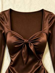 GlowEve CURVE Women's Fall Elegant Dark Brown Satin Square Neck Bow Long-Sleeve Top, Slim Waisted Flared Blouse, Chic Occasion Wear For Daily Commute Date Dinner - Brown - View 6