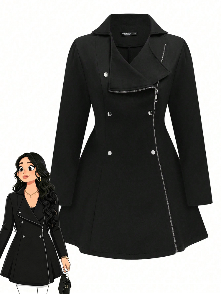 Rometta Plus Size Women's Double-Breasted Metal Zipper Accent Commuter Jacket Fall Winter Cloth For Women Autumn - Black - View 9