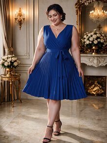Rometta Plus Size Vacation Casual Solid Color Sleeveless Dress With Pleated Hem - Royal Blue - View 1