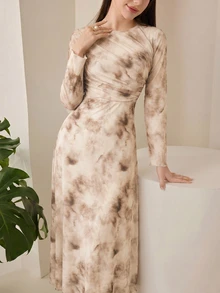 Veilorie 女款紮染圓領喇叭袖優雅長洋裝 - 彩色 - 查看 6
