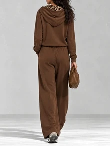 LUMIGAL Winter Women's Solid Color Long Sleeve Hoodie And Pants Casual Daily 2 Pieces Set - Coffee Brown - View 2
