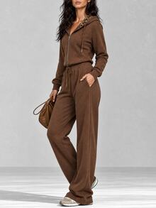 LUMIGAL Winter Women's Solid Color Long Sleeve Hoodie And Pants Casual Daily 2 Pieces Set - Coffee Brown - View 7