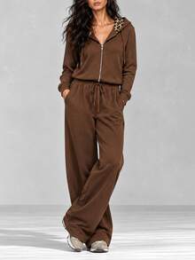 LUMIGAL Winter Women's Solid Color Long Sleeve Hoodie And Pants Casual Daily 2 Pieces Set - Coffee Brown - View 5