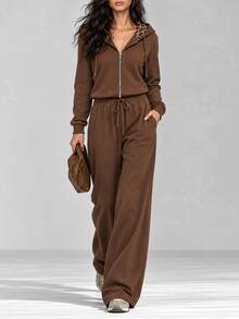 LUMIGAL Winter Women's Solid Color Long Sleeve Hoodie And Pants Casual Daily 2 Pieces Set - Coffee Brown - View 3