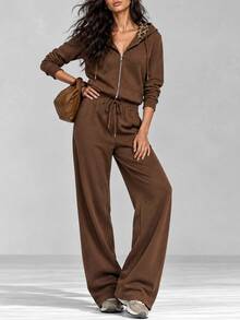 LUMIGAL Winter Women's Solid Color Long Sleeve Hoodie And Pants Casual Daily 2 Pieces Set - Coffee Brown - View 6