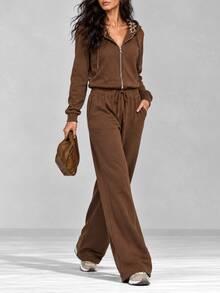 LUMIGAL Winter Women's Solid Color Long Sleeve Hoodie And Pants Casual Daily 2 Pieces Set - Coffee Brown - View 8