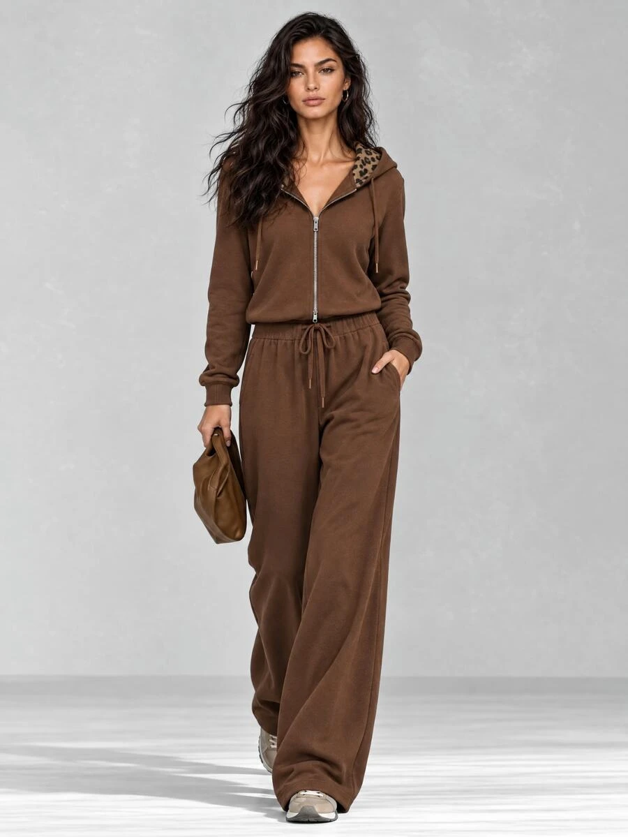 LUMIGAL Winter Women's Solid Color Long Sleeve Hoodie And Pants Casual Daily 2 Pieces Set - Coffee Brown - View 1