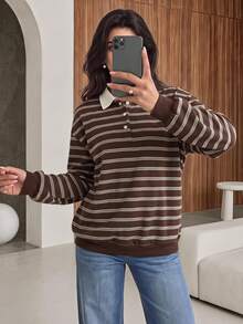 Rue Lumi Women's Colorblock Polo Collar Striped Long Sleeve Casual T-Shirt - Brown - View 1