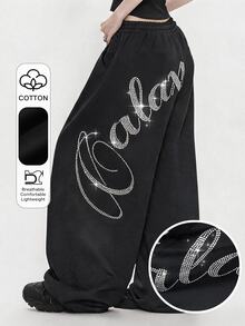 FRIFUL Women's Hip Hop Street Style Rhinestone Pocket Loose Sweatpants - Black - View 1