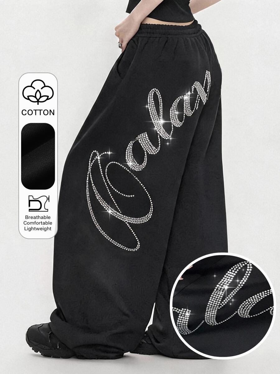FRIFUL Women's Hip Hop Street Style Rhinestone Pocket Loose Sweatpants - Black - View 1