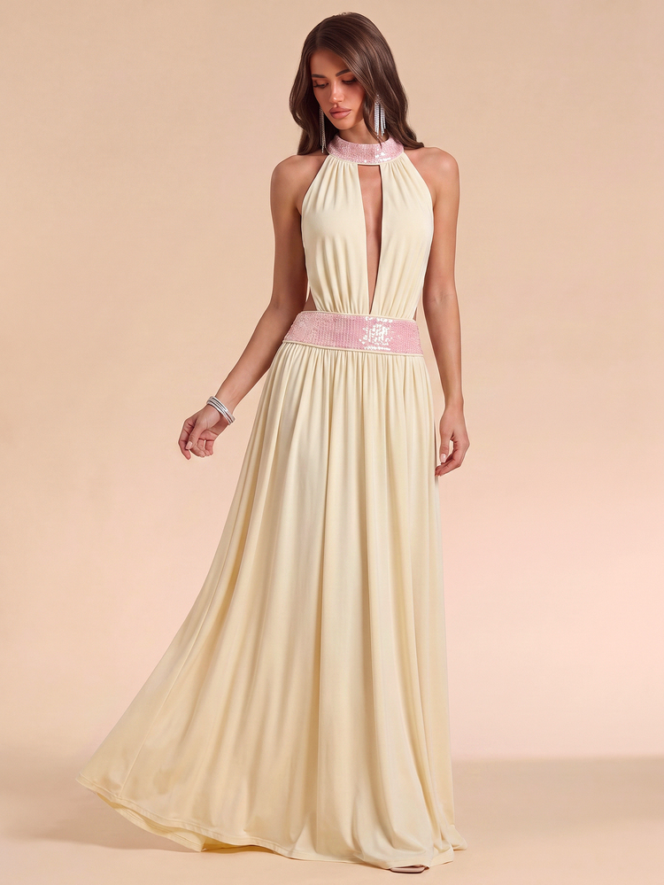 Bluhae Fashion Sexy Halter Neck Beaded Patchwork Decor Evening Party Cream Yellow Long Dress - Butter Yellow - View 3