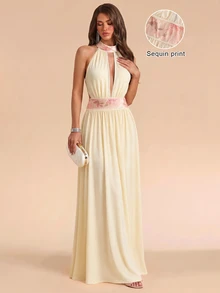 Bluhae Fashion Sexy Halter Neck Beaded Patchwork Decor Evening Party Cream Yellow Long Dress - Butter Yellow - View 1