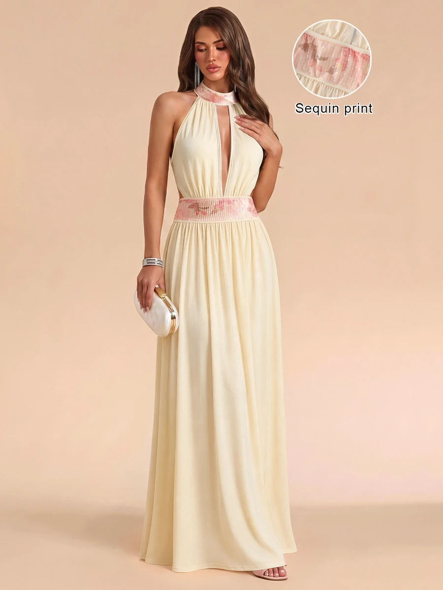 Bluhae Fashion Sexy Halter Neck Beaded Patchwork Decor Evening Party Cream Yellow Long Dress - Butter Yellow - View 1