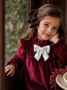 SHEIN Young Girl Knit Solid Color Velvet Ruffle Collar Patchwork Contrast Color Sequin 3D Bow Casual Dress - Red - View 3