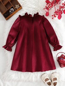 SHEIN Young Girl Knit Solid Color Velvet Ruffle Collar Patchwork Contrast Color Sequin 3D Bow Casual Dress - Red - View 6