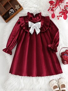 SHEIN Young Girl Knit Solid Color Velvet Ruffle Collar Patchwork Contrast Color Sequin 3D Bow Casual Dress - Red - View 5