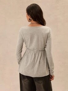 Easelle Vintage Casual Bohemian V-Neck Ruched Waist Women's T-Shirt Brunch Light Grey Fall - Grey - View 6
