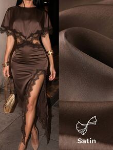 SHEIN SXY Plus Size French Sexy Lace Patchwork Asymmetrical Hem Dress - Brown - View 5