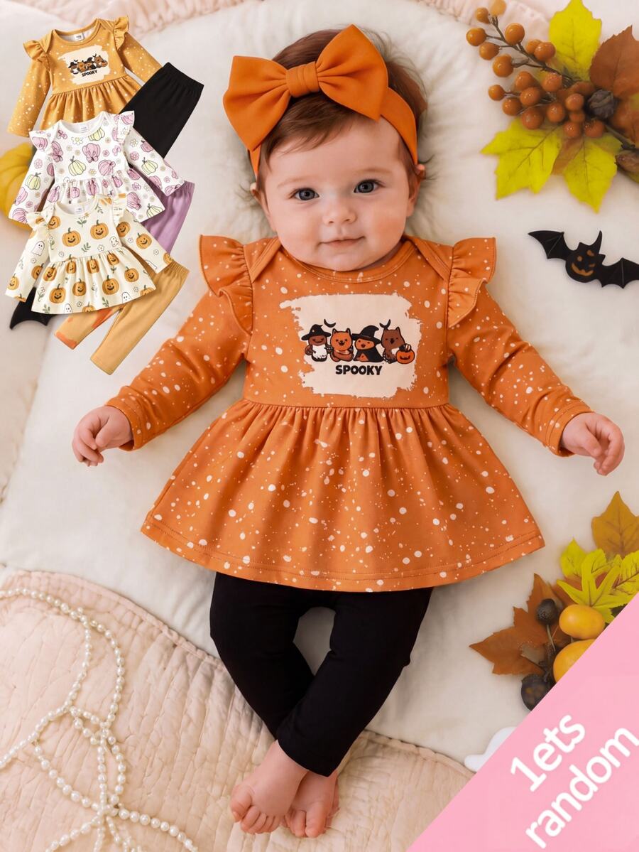 Newborn Spring/Autumn Brown Heart Print Top With Bow Knot Decor Pure Black Long Pants  2-Piece Set Suitable For Outings, Sports, Christmas Parties