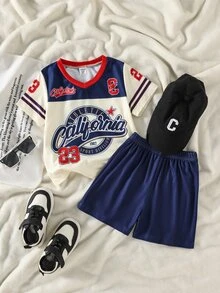 SHEIN Genkimix Kids 两件套男童运动休闲V领短袖T恤和印花运动短裤套装，适合日常穿着、观看体育赛事、夏季穿着。 - 彩色 - 查看 6
