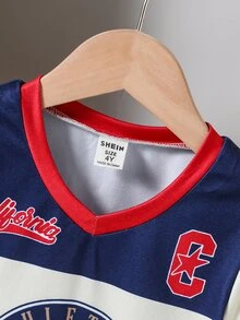 SHEIN Genkimix Kids 两件套男童运动休闲V领短袖T恤和印花运动短裤套装，适合日常穿着、观看体育赛事、夏季穿着。 - 彩色 - 查看 5