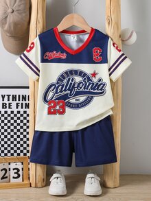 SHEIN Genkimix Kids 两件套男童运动休闲V领短袖T恤和印花运动短裤套装，适合日常穿着、观看体育赛事、夏季穿着。 - 彩色 - 查看 9