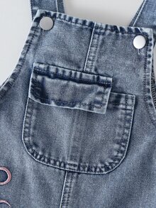 Baby Girls' Vintage Denim Bib Pants,Blue Pink,Autumn,Casual,School Embroidered Bowknot Design,Distressed Loose Straight Leg Soft Comfortable Overall - Light Wash - View 9