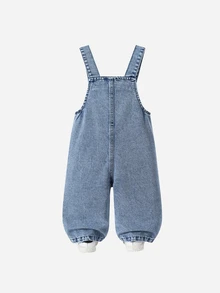 Baby Girls' Vintage Denim Bib Pants,Blue Pink,Autumn,Casual,School Embroidered Bowknot Design,Distressed Loose Straight Leg Soft Comfortable Overall - Light Wash - View 3