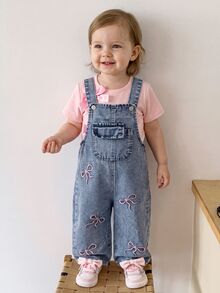Baby Girls' Vintage Denim Bib Pants,Blue Pink,Autumn,Casual,School Embroidered Bowknot Design,Distressed Loose Straight Leg Soft Comfortable Overall - Light Wash - View 4