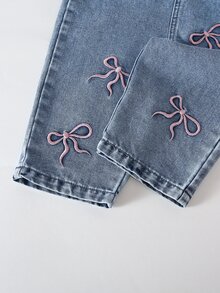 Baby Girls' Vintage Denim Bib Pants,Blue Pink,Autumn,Casual,School Embroidered Bowknot Design,Distressed Loose Straight Leg Soft Comfortable Overall - Light Wash - View 7