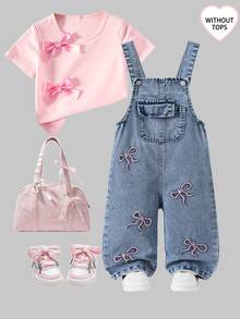 Baby Girls' Vintage Denim Bib Pants,Blue Pink,Autumn,Casual,School Embroidered Bowknot Design,Distressed Loose Straight Leg Soft Comfortable Overall - Light Wash - View 5