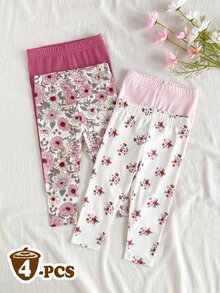 SHEIN 4件組嬰兒/幼兒女童休閒百搭極簡風舒適親膚內搭褲，黑白條紋、粉色、杏色純色，高CP值，適合春夏日常休閒穿著或外出 - 粉色 - 查看 7