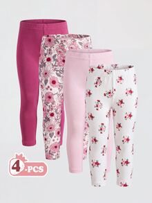 SHEIN 4件組嬰兒/幼兒女童休閒百搭極簡風舒適親膚內搭褲，黑白條紋、粉色、杏色純色，高CP值，適合春夏日常休閒穿著或外出 - 粉色 - 查看 2