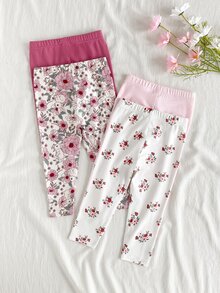 SHEIN 4件組嬰兒/幼兒女童休閒百搭極簡風舒適親膚內搭褲，黑白條紋、粉色、杏色純色，高CP值，適合春夏日常休閒穿著或外出 - 粉色 - 查看 3